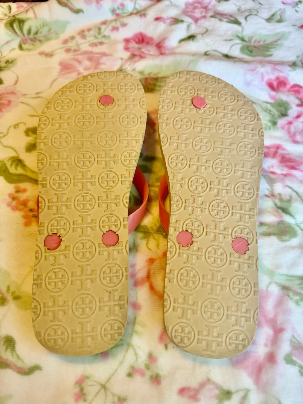 Tory Burch Pink Floral Flip Flop Sandals with Gold Logo Medallion